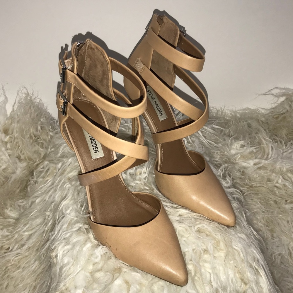Tan Strappy Pointy Toe Zip-up Stiletto